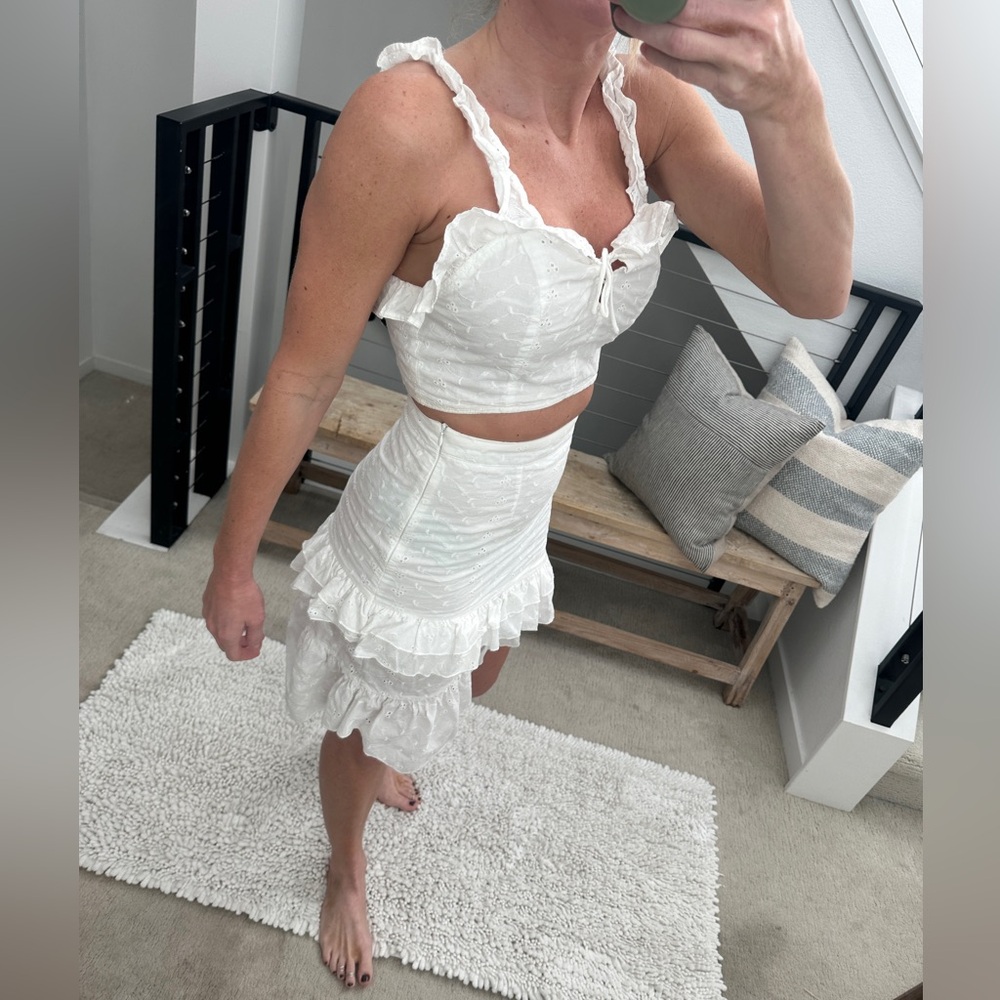 Lioness REVOLVE White Eyelet Ruffle Crop Top & Asymmetrical Skirt Set | Size S - Picture 6 of 14